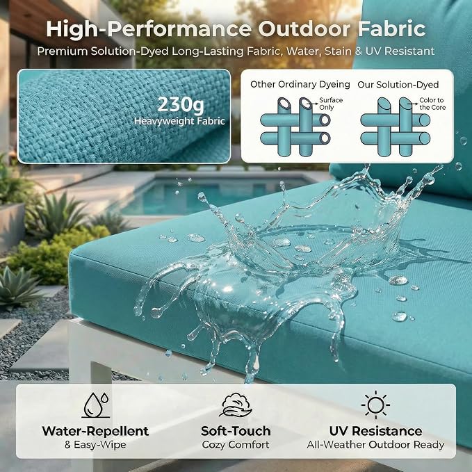 RADIATA 7 Seater Extra Large Modern Aluminum Outdoor Sofa with Lay Out Chair & Fire Pit Table, 500 lbs Durable Sectional Set for Heavy People, All Weather Comfy Patio Furniture Set for Backyard, Teal