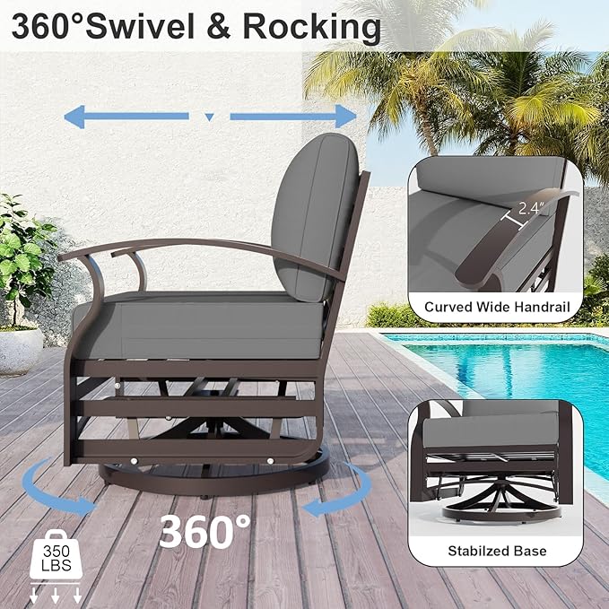 ALAULM Aluminum Patio Furniture Set with 2 Swivel Chairs 7-seat Metal Outdoor Furniture Patio Sectional Sofas Patio Conversation Set w/5.1" Cushions for Patio, Backyard, Poolside-Grey
