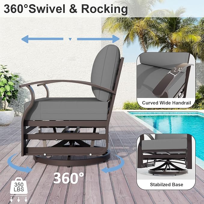 ALAUML Aluminum Outdoor Swivel Chairs High-Back Metal Swivel Rocking Chairs for Patios, Porches, Backyards, and Gardens—Grey