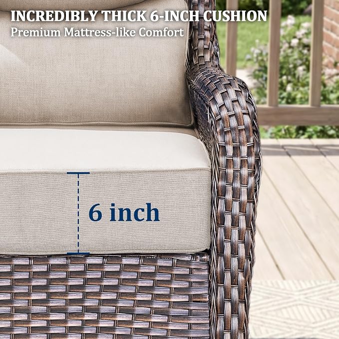 Luxury Swivel Rocker Chairs Fire Pit Set with 6" Thick Cushion 10 piece Wicker Outdoor Patio Chair with Sofa and Ottoman,Comfortable High Back Outdoor Patio Furniture Set - Brown | Beige