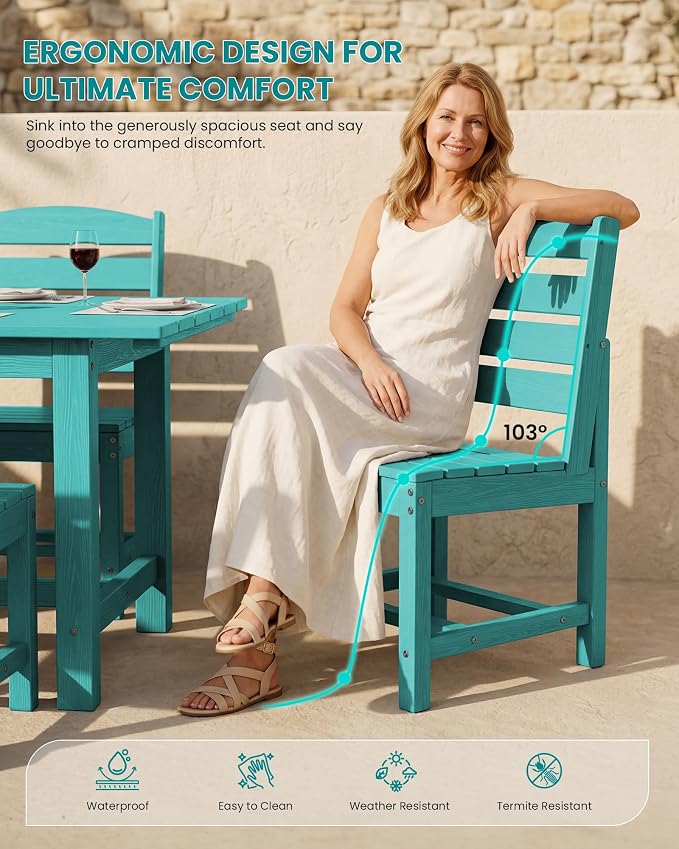 SERWALL 7-Pc HDPE Patio Dining Set, 1 Table & 6 Armless Chairs, Aruba | HDPE Outdoor Dining Set with Rectangular Table & 6 Armless Chairs, All-Weather Resistant SERWALL Dining Set for 6