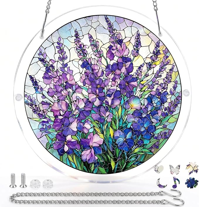 Acrylic Puzzle Suncatcher, Stained Glass Suncatcher Window Hanging, DIY Sun Catcher Kits for Adults, Home Decor Gift for Women, Friends 7.4in (Violet Flowers)