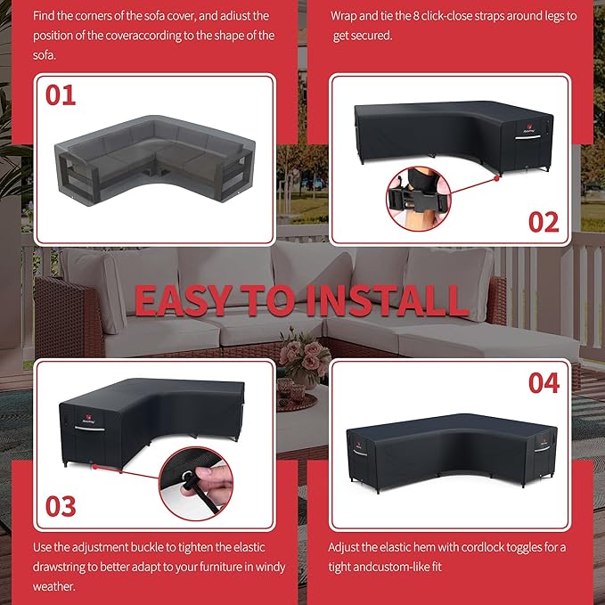 Rosefray 600D Outdoor L-Shaped Sectional Cover,Heavy Duty Anti UV Patio Sectional Sofa Cover with Air Vent, Waterproof Furniture Covers for Deck, Lawn,Backyard Right Facing 105''x85'' Black