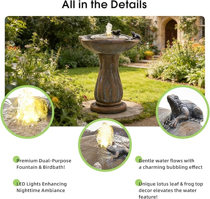 24" Brown Bird Bath Fountain, Hand-Painted Outdoor Bird Bath Bowl with UV & Frost-Resistant Finish (Brown, 16 * 24")