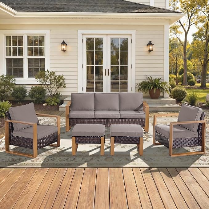 5-Piece Outdoor Patio Furniture Set with Rattan Chairs, All-Weather Wicker Sofa Set for Garden, Yard, Porch and Poolside Seating Grey