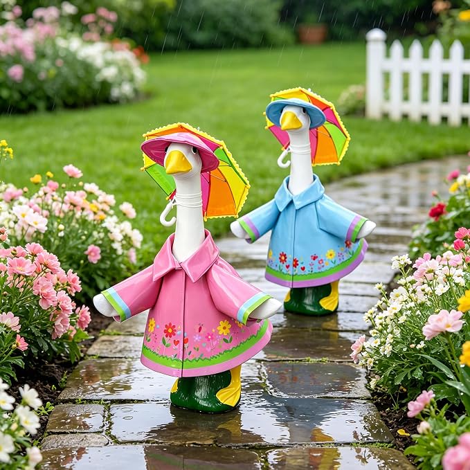 DECOHS 2 Set Raincoat Porch Goose Outfits, Summer Lawn Goose Statue Raincoat Costume, Yard Goose Clothes Raincoats Umbrella Hat Outfit for 23" Statue Patio Garden Decoration (Blue & Rosy)