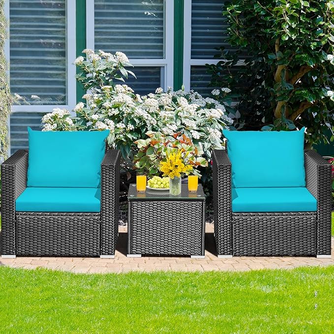 HAPPYGRILL 3 Pieces Rattan Patio Conversation Set, PE Wicker Patio Furniture Set with Coffee Table and Cushions, Outdoor Sofa Set for Garden Balcony Porch Poolside