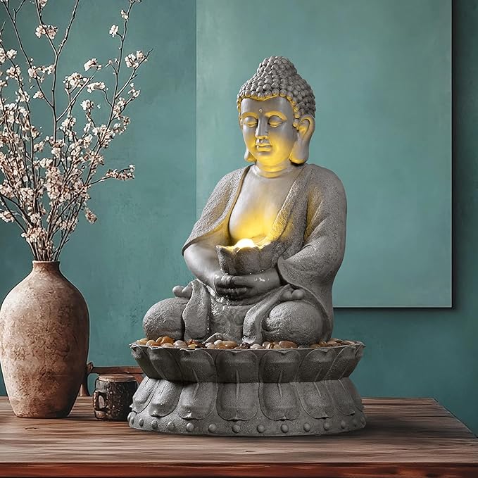 Buddha Water Fountain Outdoor, Zen Fountain with LED Light for Garden, Home Decor, Relaxing Buddha Statue with Lotus Base, for Women