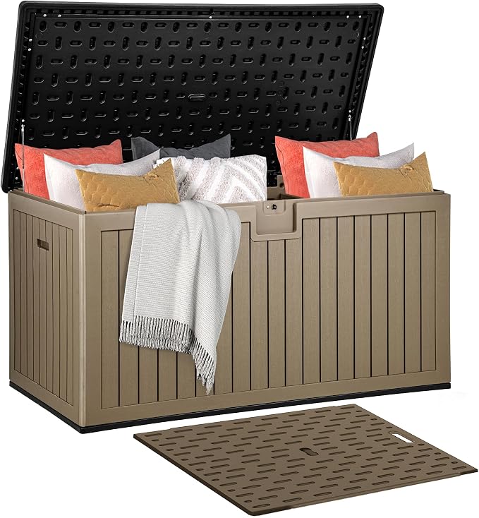 DWVO 260 Gallon Double-Wall Deck Box with Divider, XXL Extra Large Resin Outdoor Storage Box, Lockable & Waterproof, Double as Seating, 1000lbs Capacity (Black&Brown)