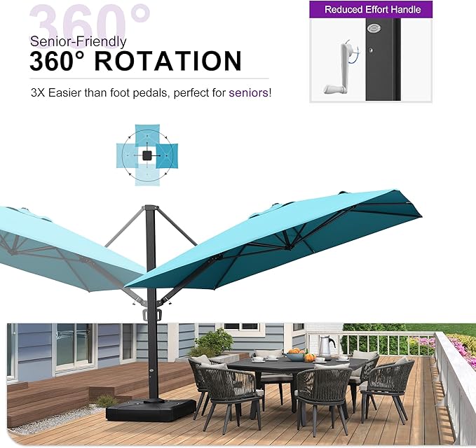 PURPLE LEAF 11 FT Square Patio Umbrella with Wheeled Base Included Large Outdoor Offset Umbrella with 360-degree Rotation Cantilever Umbrella for Pool Garden Deck Backyard Turquiose Blue