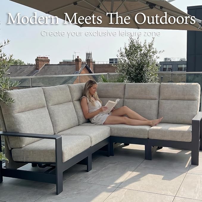 LayinSun 5-Piece Patio Furniture Set, Outdoor Aluminum Conversation Set with Swivel Chair and 6" Thick Cushions, Modern Sectional Sets for Balcony Backyard Pool