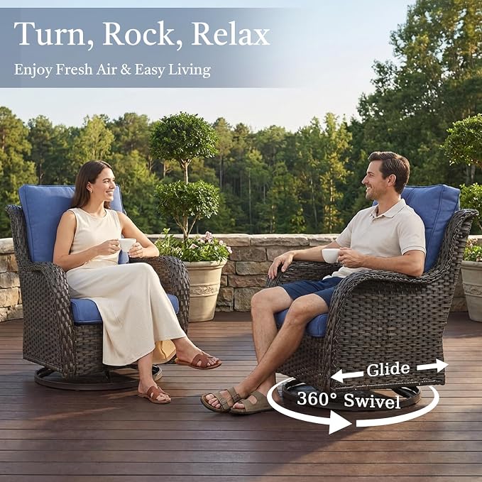 8 Piece High Back Wicker Patio Furniture Set - Patio Conversation Set with 4 Inch Thick Cushions and Deep Seating Swivel Glider Chairs Set of 4 & Outdoor Couch for Porch Deck Yard Pool