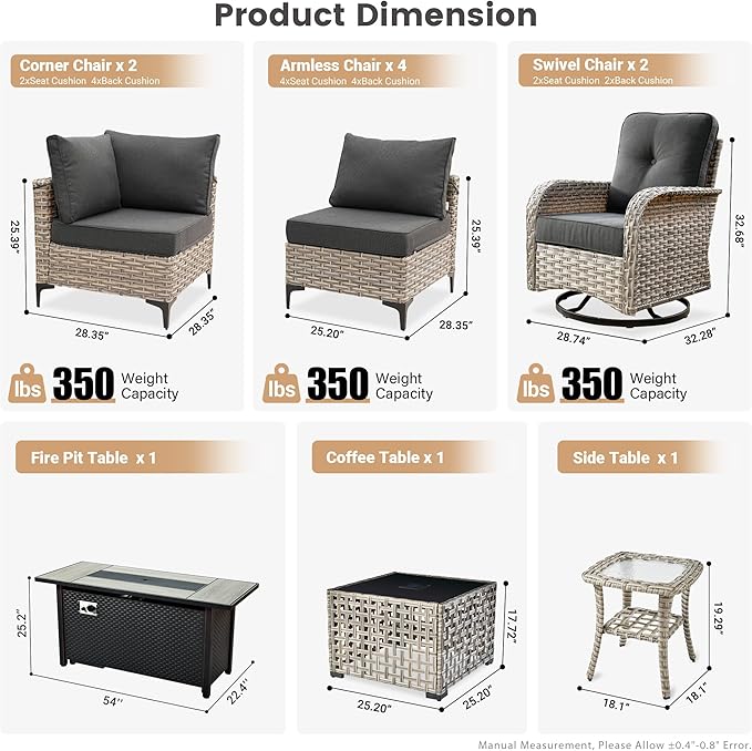 Outdoor Patio Furniture Sets,11 PCS Patio Conversation Set Outside Rattan Sectional Sofa with 54 in Fire Pit Table Wicker Rocking Chair Coffee Table Fit Backyard Porch Garden Poolside Balcony