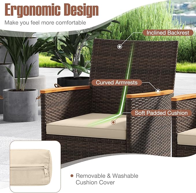 COSTWAY 9-Piece Patio Dining Set for 8, Outdoor Rattan Wicker Table and Chairs Furniture Set with Umbrella Hole, Acacia Wood Tabletop for Backyard, Balcony, Poolside, Brown & Beige