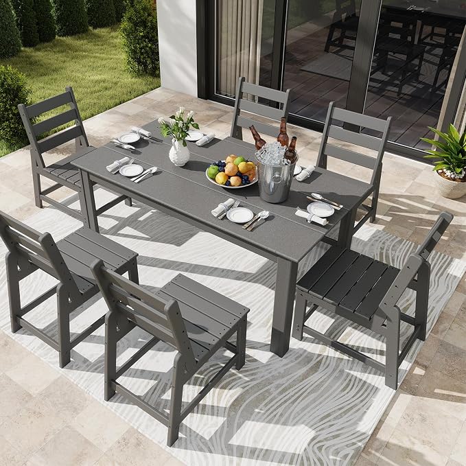 GREENVINES 7 Piece HDPE Outdoor Patio Dining Set, Table and 6 Chairs, Gray