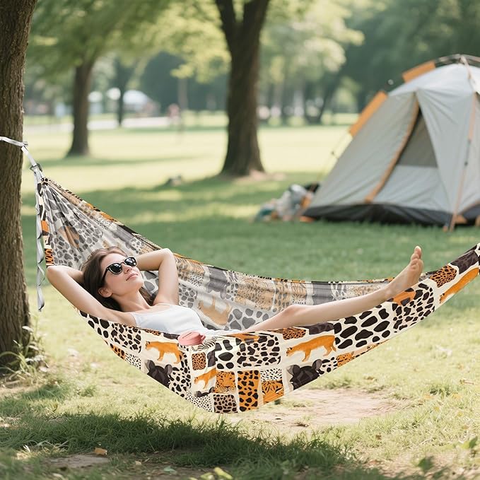 Camping Hammock Outdoor Hammocks for Outside Leopard Zebra Tiger Animal Skins Beach Trees Portable Lightweight with Pockets Tree Straps Indoor