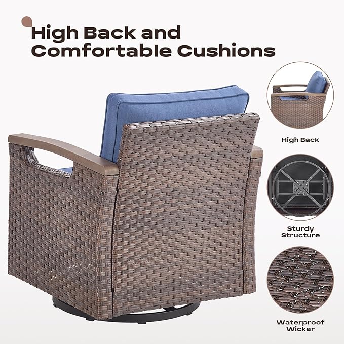 Rilyson Wicker Outdoor Patio Furniture Set - 8 Piece Patio Conversation Sets with Swivel Rocker Chairs, Chairs, Ottomans, Sofa and Coffee Table, Thick Cushions, for Porch Deck Brown/Blue
