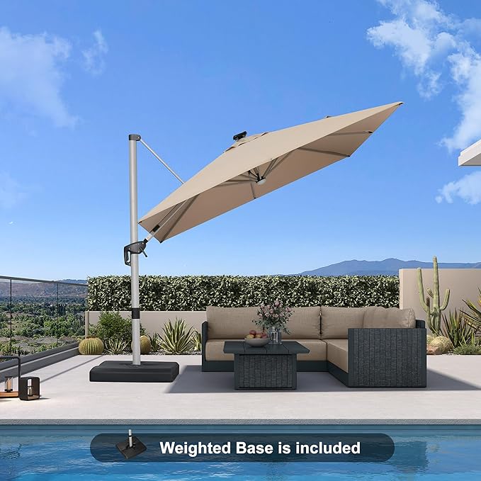 PURPLE LEAF Patio Umbrella with base 9 Feet Outdoor Square Cantilever Umbrella Solar Powered LED with 360-degree Rotation for Garden Deck Pool Patio, Beige