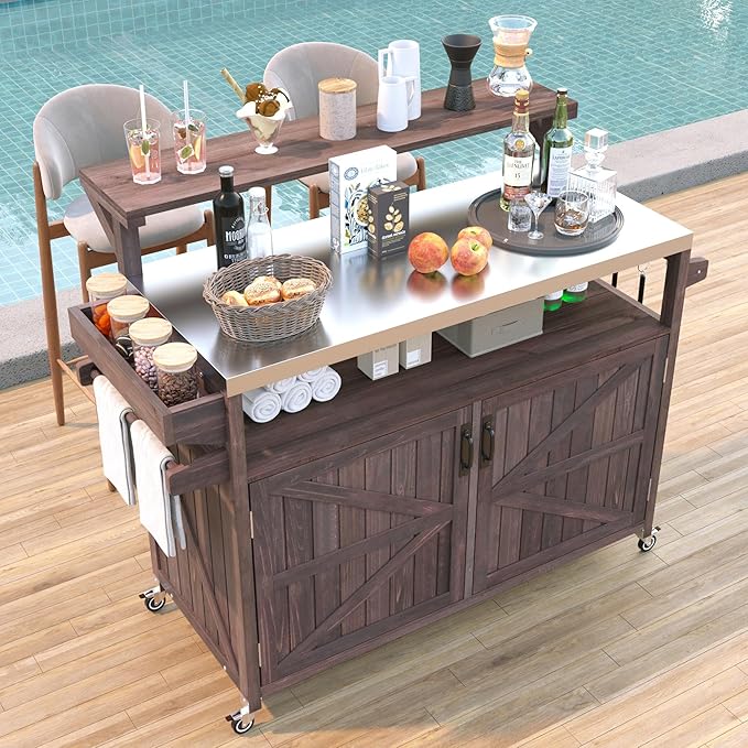 RUNNA Outdoor Kitchen Island with Raised Shelf,Solid Wood Storage Cabinet with Stainless Steel Top,Outdoor Rolling Grill Cart with Internal Storage Rack, Adjustable Shelf,Spice Rack (Brown#028)