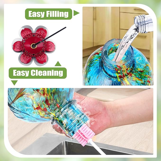 BOLITE Hummingbird Feeder, Hand Blown Glass Hummingbird Feeders for Outdoors Hanging, Ant Moat, 5 Bee-Proof Ports, Leak-Proof, 360° Perch, 22oz, Blue Peony Gifts for Women Men, Gifts for Mom Dad