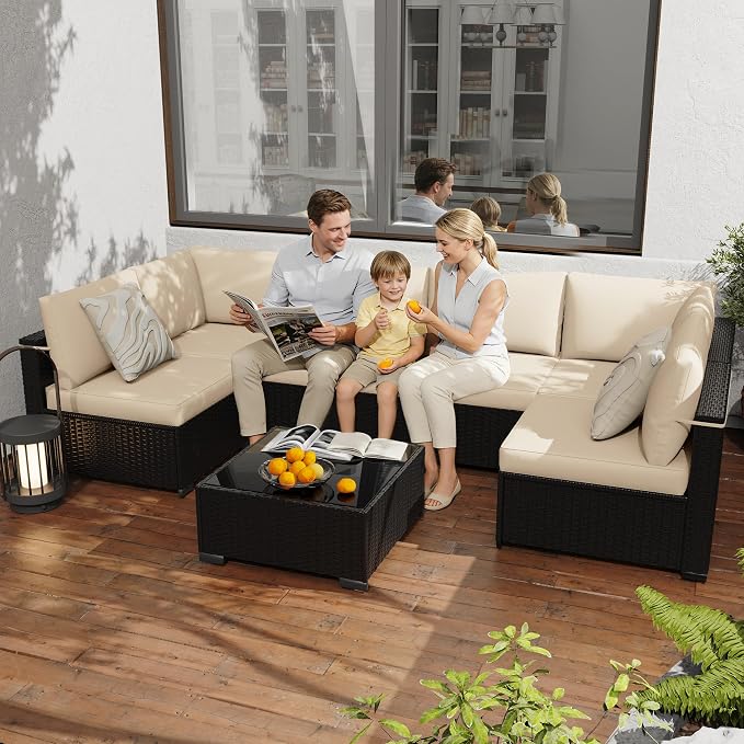 KIGOTY 7-Piece Patio Furniture Set, All-Weather PE Rattan Outdoor Sectional Sofa, Modular Wicker Conversation Set with Thick Cushions & Easy-Clean Coffee Table（Black/White）