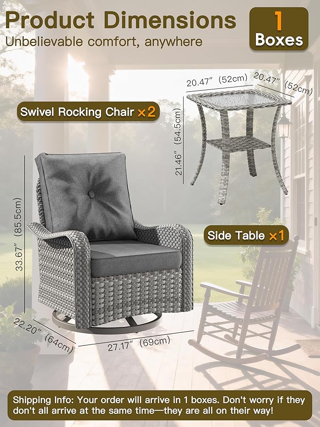 3-Piece Patio Furniture Set, Outdoor Swivel Rocking Chairs with 4" Thick Cushions & Side Table, All-Weather PE Rattan & Rust-Resistant Steel Frame Conversation Set for Porch, Garden, Backyard, Black