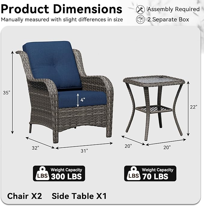 3 Pieces Outdoor Wicker Patio Furniture Set - Patio Chairs Set with Thickened Olefin Cushions, High Back and Deep Seating, Curved Armrest, PE Rattan for Porch, Deck, Balcony,Blue