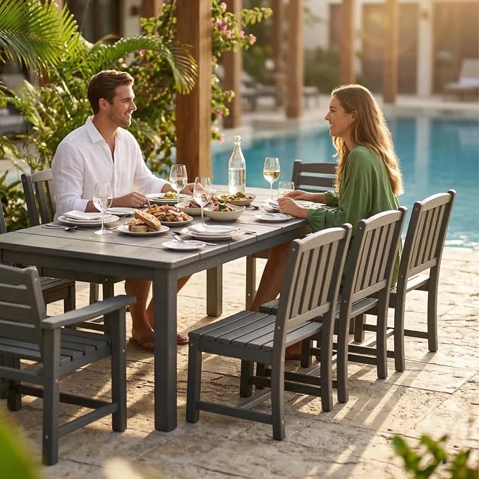 Kingdura 9 Piece Patio Dining Set for 8, 75.2'' HDPE Outdoor Dining Table Set with 2" Umbrella Hole, Weather-Resistant Outdoor Furniture, Table and Chairs Set for Backyard Pool Garden, Grey