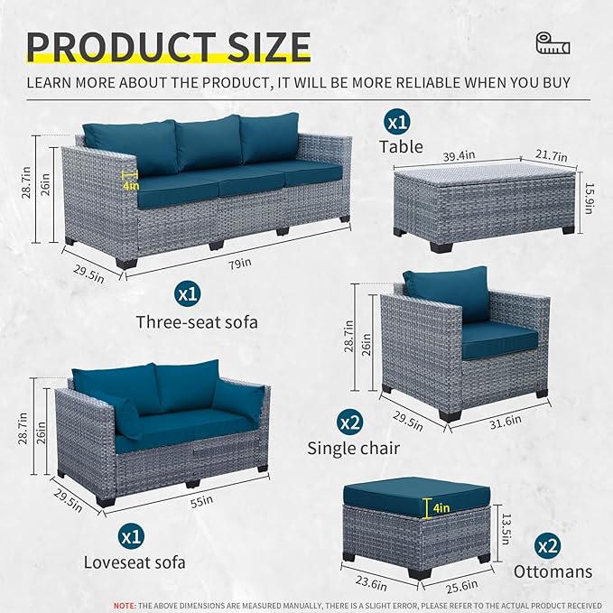7 Piece Wicker Patio Furniture Sets Outdoor Conversation Set, PE Rattan Sectional Sofa Couch with Storage Table and Non-Slip Peacock Blue Cushions, Furniture Covers Included