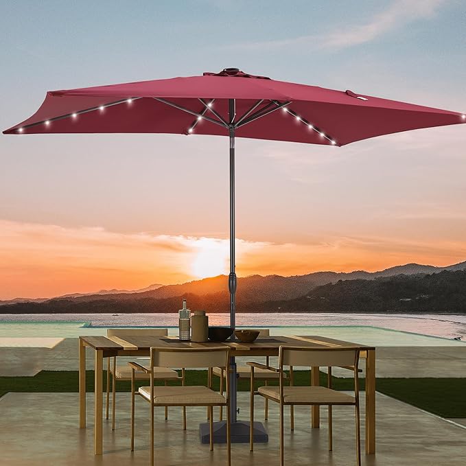 Rectangle Patio Umbrella with Solar Lights, 6x9ft Outdoor Rectangular Table Market Umbrella Patio with Push Button Tilt and Crank for Pool, Deck, Garden,Backyard
