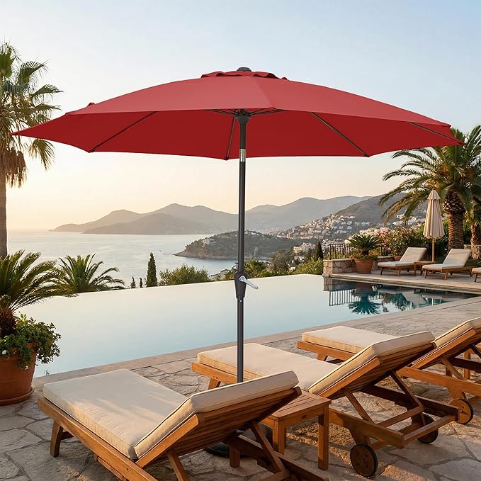 JEAREY 9FT Outdoor Patio Umbrella,Market Table Umbrella with 8 Fiberglass Ribs, Pool Umbrella with Tilt and Crank, UV Protection Lightweight & Wind-Resistant for Lawn, Garden, Deck and Backyard, Red