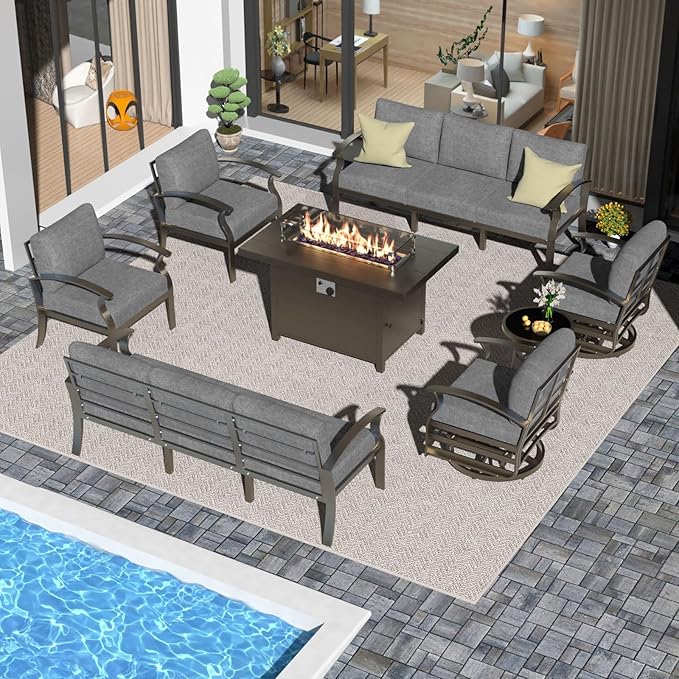 Aluminum Patio Furniture Set with 55,000 BTU Propane Fire Pit Table, 10 Seats Metal Modern Outdoor Furniture w/5.1" Cushions, Sectional w/Swivel Chairs for Backyard, Grey