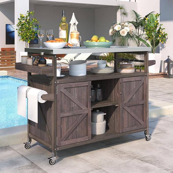 Large Outdoor Rolling Patio Bar Table Cart, Outdoor Kitchen Island Cart Grill Table, Farmhouse Solid Wood Outdoor Serving Cart Prep Table with Stainless Steel Top for Grill/Kitchen, Dark Brown