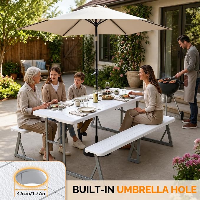 VINGLI Outdoor Picnic Table with Umbrella Hole, 6FT All Weather Metal Frame HDPE Tabletop Plastic Picnic Table for Dining Party Garden(White)