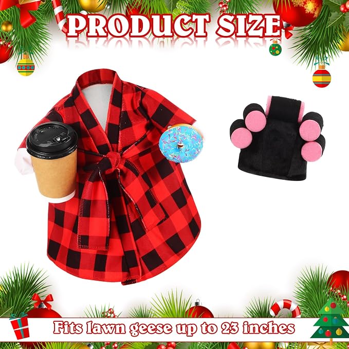 Shyyween Porch Goose Christmas Outfit 23 Inch Lady Goose Statue Clothes Red and Black Plaid Bathrobe Coffee Cup Curlers for Cement Plastic Lawn Geese Outdoor Garden Yard Patio Decoration