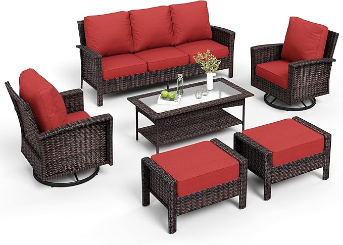 6-Piece Wicker Patio Furniture Set with Swivel Chairs, High Back Outdoor Furniture with 5.5-inch Thick Cushion and Ottoman, All-Weather Wicker Patio Conversation Set for Deck Yard Pool, Red