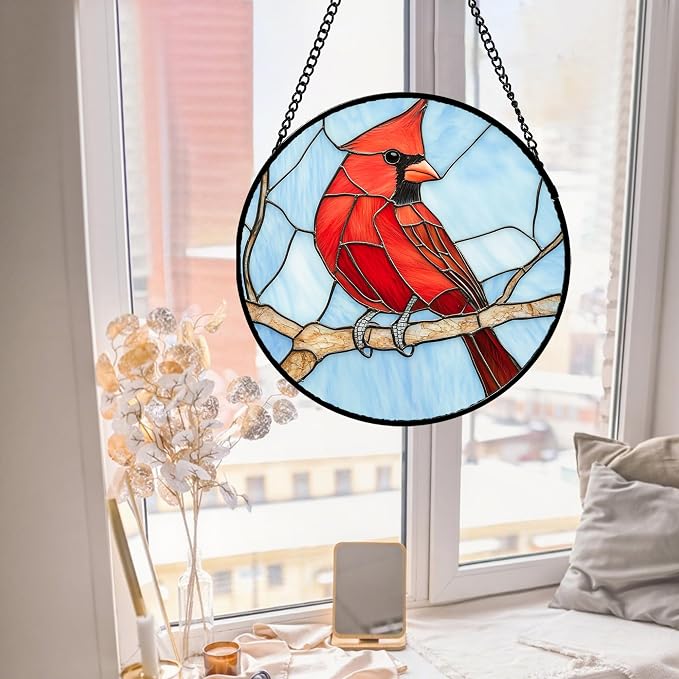 Stained Glass Window Hanging Cardinal Birds Large 11.8" - Suncatcher Door Garden Sun Catcher Home Decor Christmas Birthday for Bird Lovers Woman Her Nana Wife Men Mom