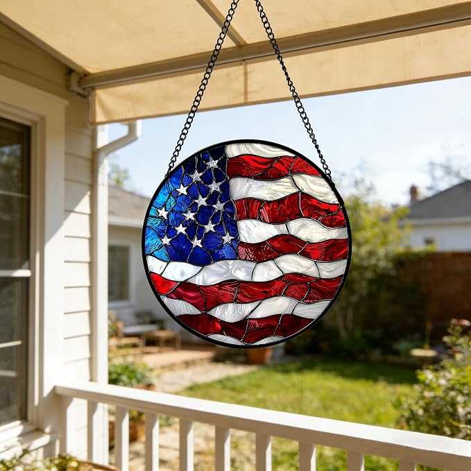 DASTOLL Stained Glass Window Hanging, Blue, White Red National Flag Pattern Sun Catchers Diamond Glass Panel Window Hangings Decor for Birthday Gifts for Women, Men, and Mom 6.3x6.3 in