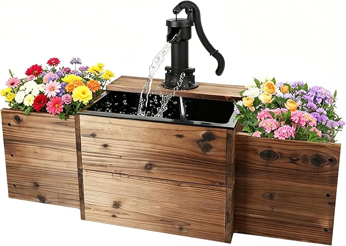 NestNature Outdoor Water Fountain,Floor Wooden Rectangular Pump Old-Fashioned Fountain with Flower Box,Electric Decorative Hand Pump, Outdoor Water Feature for Garden Patio Backyard