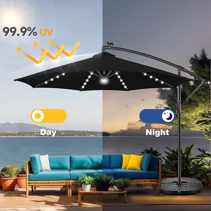 FLAME&SHADE 10ft Solar Cantilever Umbrella with 40 LED Lights, Lighted Large Offset Outdoor Patio Umbrellas, 8 Sturdy Ribs, UPF50+ UV Protection for Pool Deck Garden Yard, Black