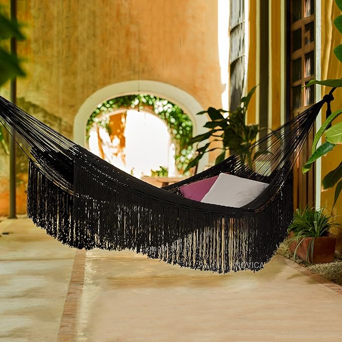 Novica Ebony Cascade Cotton Rope Hammock (Double), Black