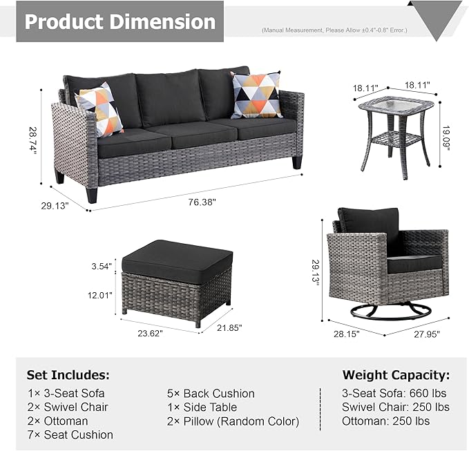 HOOOWOOO Wicker Patio Conversation Sets,6 Piece Outdoor Furniture Set with Swivel Rocking Chairs,All Weather Resistant Modern Outside Out Door Rattan Couch Chairs Side Table Set,Black