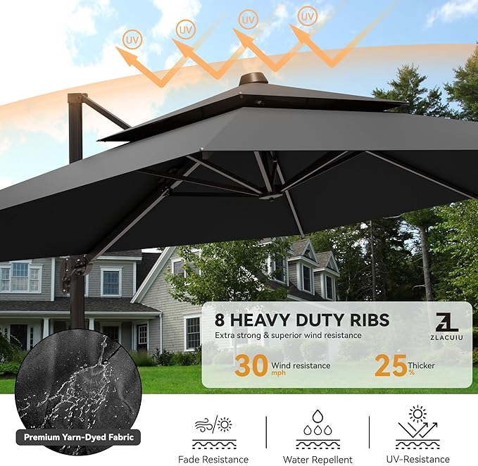 9x12FT Cantilever Patio Umbrella - Heavy Duty Double Layer Offset Design with 360° Rotation, Large Rectangle Sun Shade Umbrella for Garden, Deck, Pool, Backyard, Black