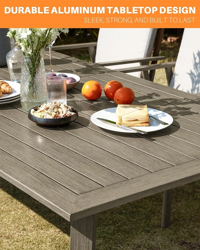 Never-Rust Outdoor Patio Dining Table for 6, Aluminum Outdoor Dining Table with Umbrella Hole, 6 Person Patio Dining Table Furniture for Decks, Garden, Porch, Lawn, Limed Oak