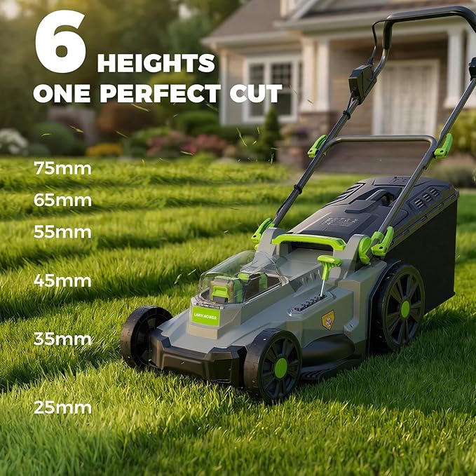 40V Cordless Lawn Mower, 17 Inch Electric Battery Powered Lawn Mower with 2x4.0Ah Batteries, 6 Height Adjustment, 50L Grass Bag, 1200W Brushless Motor, 40min Runtime for 500㎡ Yard