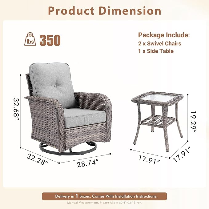 3 Pieces Patio Furniture Set, Outdoor Swivel Rocker Patio Chairs with Coffee Table, All Weather Thickened Cushion Patio Conversation Set for Porch Balcony Deck Poolside Garden Sunroom, Dark Grey