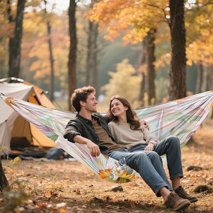 Boho Style Flower Floral Bright Yellow 330lb Capacity Outdoor Hammock with Tree Straps Backyard Hammock for Patio Backyard Lounge Base Base para poner hamaca