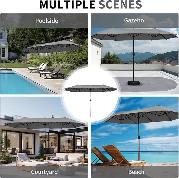 13 ft Patio Umbrella with Base, Large Rectangle Outdoor Umbrella with Matching Stand, Strap, Crank, Grey