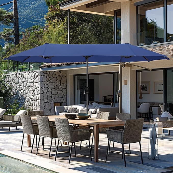 GREEN PARTY 13ft Rectangle Patio Umbrella, Double Sided Outdoor Table Umbrella with Crank & 1.5" Pole, Large Market Umbrella for Poolside Garden Deck Backyard, Haze Blue