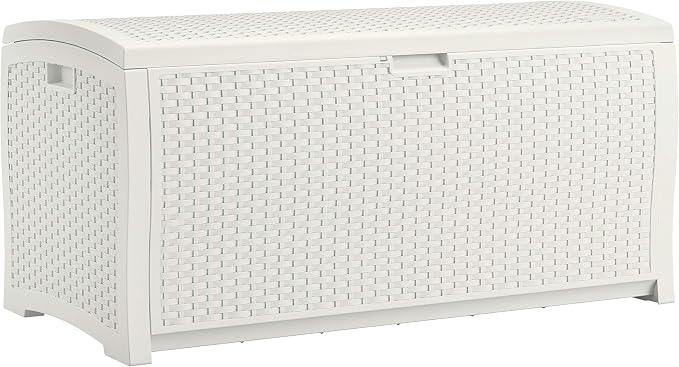 Suncast 99 Gal Resin Wicker Patio Storage Box - Water Resistant Outdoor Storage Container White & 33 Gal Hideaway Trash Can for Patio - Resin Outdoor Trash with Lid